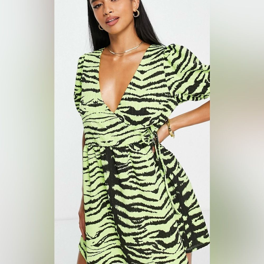 ASOS design petite short sleeved smock dress in lime zebra animal print